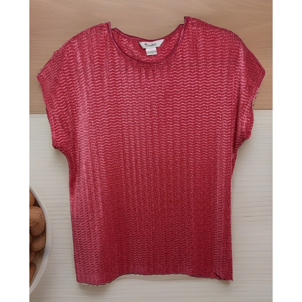 TanJay Hot Pink Crinkle Short Sleeve Scalloped Shirt Women's Size Large